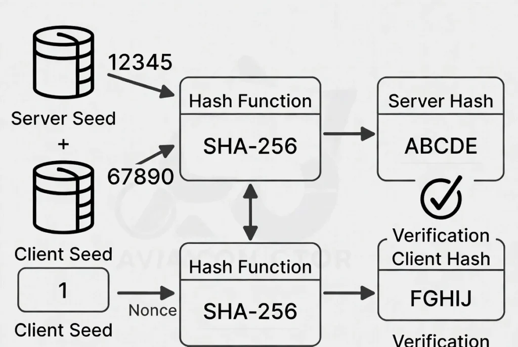 Diagrama explicativo de algoritmo Provably Fair (server seed + client seed + nonce = hash)